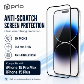 Prio - Cristal templado antiarañazos para iPhone 15 Pro Max / 15 Plus (6,7 pulgadas), transparente