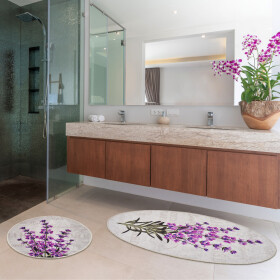 Miqna 2-piece bath mat Set , lavender motif, oval, 60x100cm &amp;amp; 50x60cm
