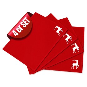 Christmas placemats, Set of 4 red gold reindeer embroidery, washable 45x35 cm