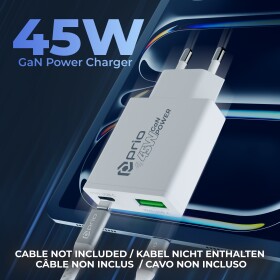prio 45W GaN Power Charger PD PPS (USB C) + QC 3.0 (USB A) white