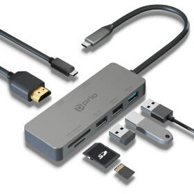 prio 7-in-1 USB C Multiport Hub Adapter – 4K HDMI, Card Reader, SD/TF, USB for PC &amp; Switch