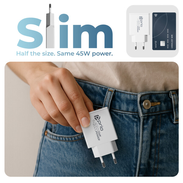 Cargador de energía GaN prio 45W PD PPS (USB C) + QC 3.0 (USB A) blanco