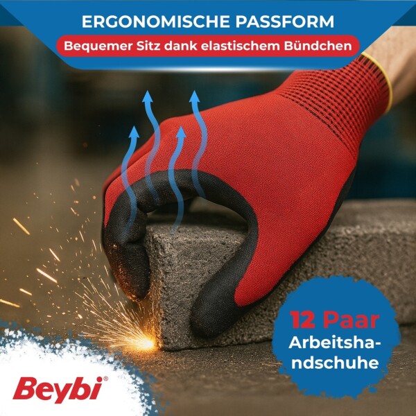 Beybi | 12 pairs of work gloves - polyester, nitrile 1/2 coating