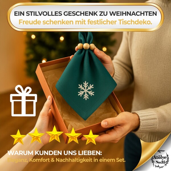 Christmas cloth napkins Set of 4, Zümrüt green, snowflake embroidery, 35x35 cm