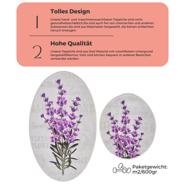 Miqna 2-piece bath mat Set , lavender motif, oval, 60x100cm &amp;amp; 50x60cm
