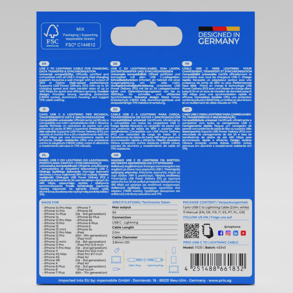 Cable USB C a Lightning con certificación MFi de 2 m, color blanco, para carga y sincronización de Prio