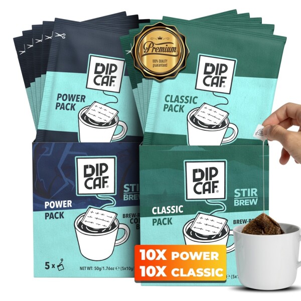 Dipcaf® coffee bags 20 pieces (Power and Classic) | Mild filter coffee in bags
