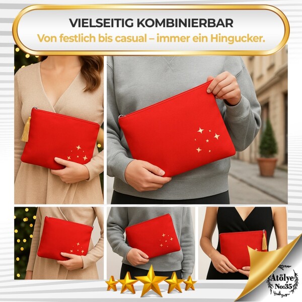 Women's toiletry bag, cosmetic bag, red, gold patterned, 32 x 24 cm
