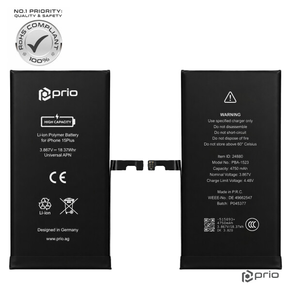 Batería de alta capacidad prio para iPhone 15 Plus (4750 mAh) - APN universal -