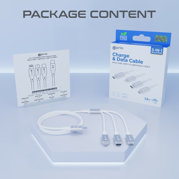 prio 3 in 1 Micro USB &amp; USB C &amp; Lightning auf USB C Kabel 3A 1,2m weiß