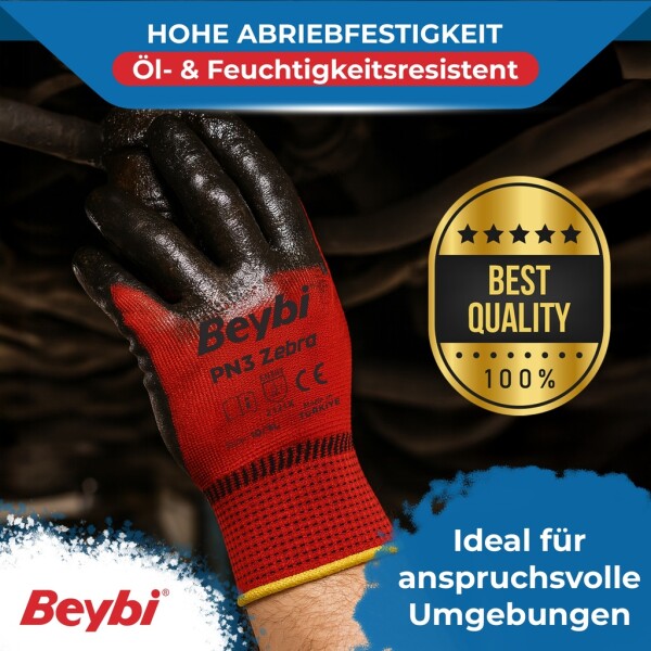 Beybi | 12 pairs of work gloves - polyester, nitrile 1/2 coated, non-slip