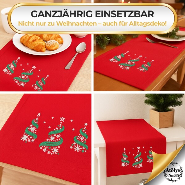 Camino de mesa navideño rojo con bordado de árbol de Navidad 35x120, decoración navideña