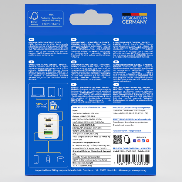 Caricabatterie prio GaN da 65 W PD PPS (USB C) + QC 3.0 (USB A) bianco
