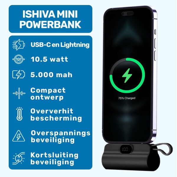 UFUZON Ishiva Mini Power Bank 5000 mAh USB-C, Wireless Portable Charger
