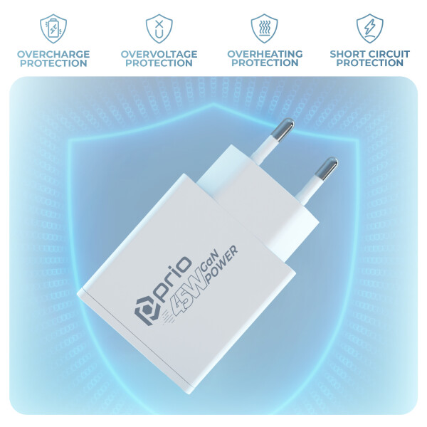 Cargador de energía GaN prio 45W PD PPS (USB C) + QC 3.0 (USB A) blanco
