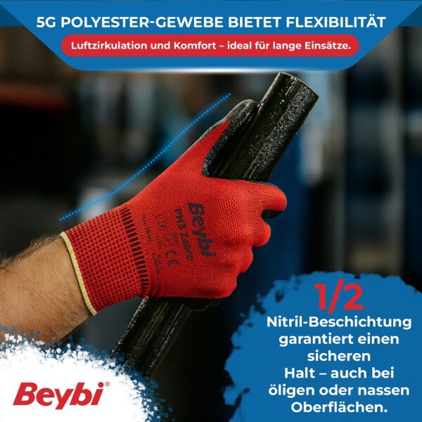 Beybi | 12 pairs of work gloves - polyester, nitrile 1/2 coated, non-slip