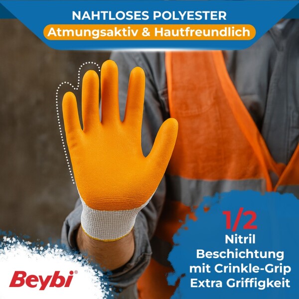 Beybi | 12 pairs of work gloves - polyester, nitrile 1/2 coating
