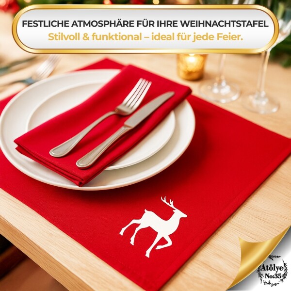 Christmas placemats, Set of 4 red gold reindeer embroidery, washable 45x35 cm