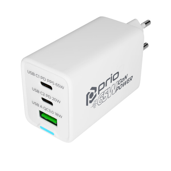 Caricabatterie prio GaN da 65 W PD PPS (USB C) + QC 3.0 (USB A) bianco