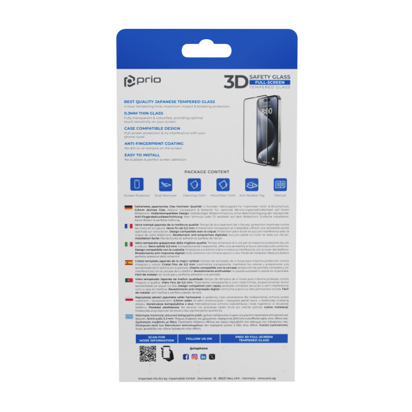 prio 3D Tempered Glass Screen Protector for iPhone 17e/16e black