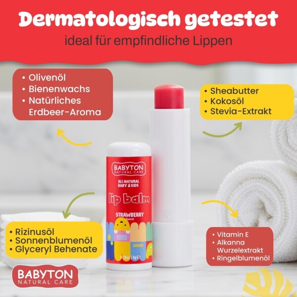 Babyton Children's Lip Balm Strawberry 5g | Natural, Paraben-Free, Gentle