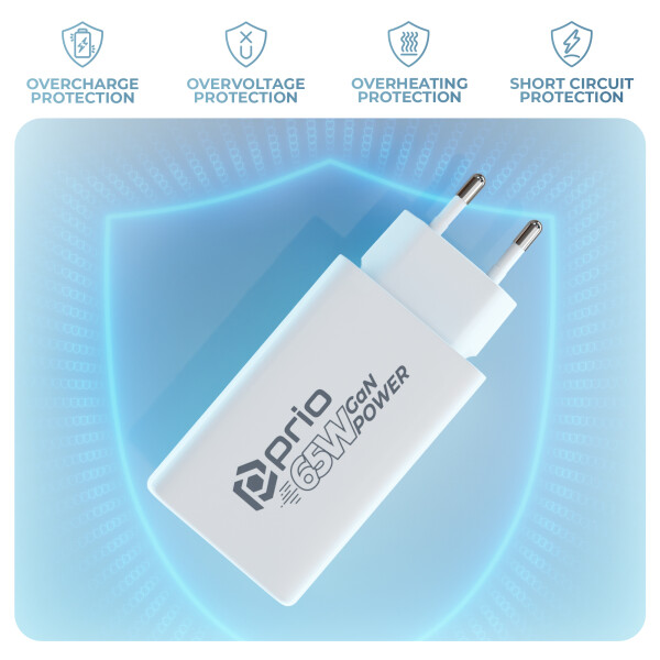 Caricabatterie prio GaN da 65 W PD PPS (USB C) + QC 3.0 (USB A) bianco