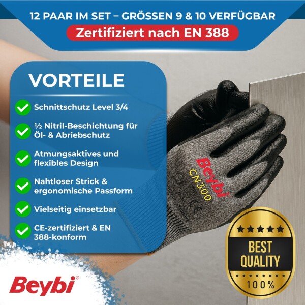 Beybi | 12 pairs of work gloves, nitrile 1/2 coated, robust