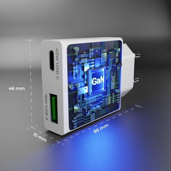 Cargador de energía GaN prio 45W PD PPS (USB C) + QC 3.0 (USB A) blanco