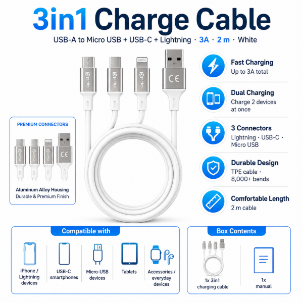 Prio 3v1 Micro USB &amp; USB C &amp; Lightning to USB A kabel 3A 2m bílý