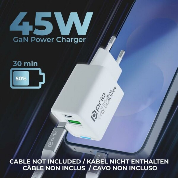 Chargeur secteur GaN 45 W Prio PD PPS (USB-C) + QC 3.0 (USB-A) blanc