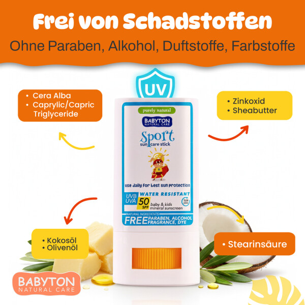 Babyton Children's Sunscreen Stick SPF 50 | Mineral & Water-Resistant, 20g