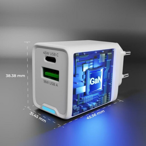 Chargeur secteur GaN 45 W Prio PD PPS (USB-C) + QC 3.0 (USB-A) blanc