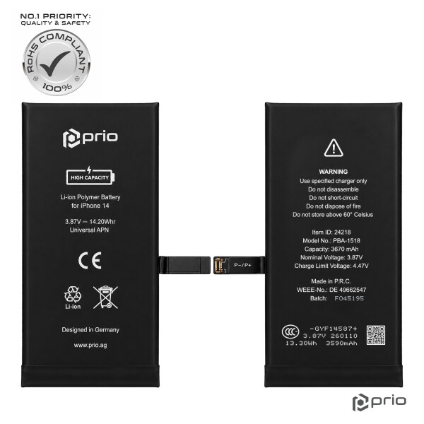 Batería prio de alta capacidad para iPhone 14 (3670 mAh) - APN universal -