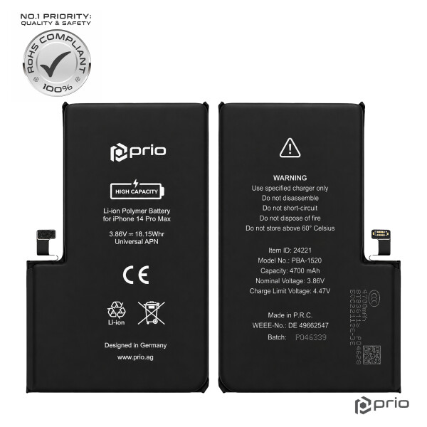 prio High-Capacity Battery for iPhone 14 Pro Max (4700 mAh) - Universal APN -