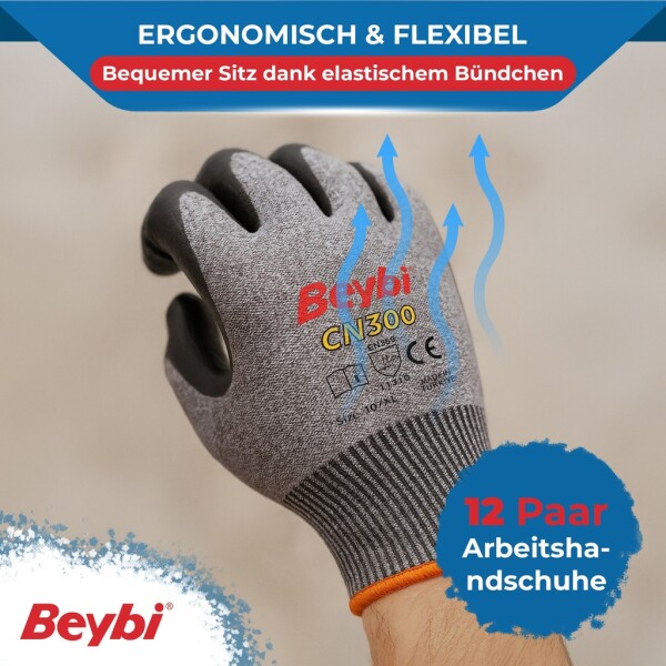 Beybi | 12 pairs of work gloves, nitrile 1/2 coated, robust