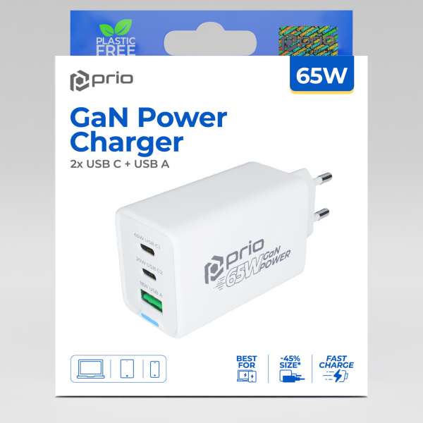 Caricabatterie prio GaN da 65 W PD PPS (USB C) + QC 3.0 (USB A) bianco