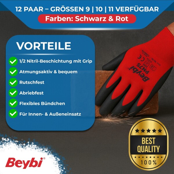 Beybi | 12 pairs of work gloves - polyester, nitrile 1/2 coating