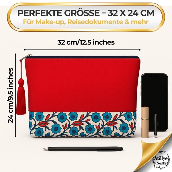 Women's toiletry bag, cosmetic bag, red, ethnic pattern, 32x24 cm