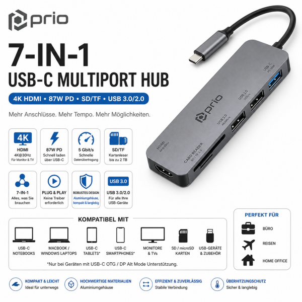 prio 7-in-1 USB C Multiport Hub Adapter – 4K HDMI, Card Reader, SD/TF, USB for PC & Switch