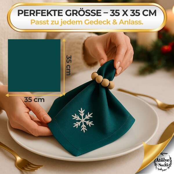 Christmas cloth napkins Set of 4, Zümrüt green, snowflake embroidery, 35x35 cm
