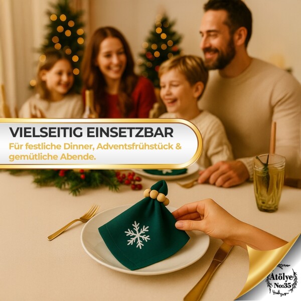Christmas cloth napkins Set of 4, Zümrüt green, snowflake embroidery, 35x35 cm