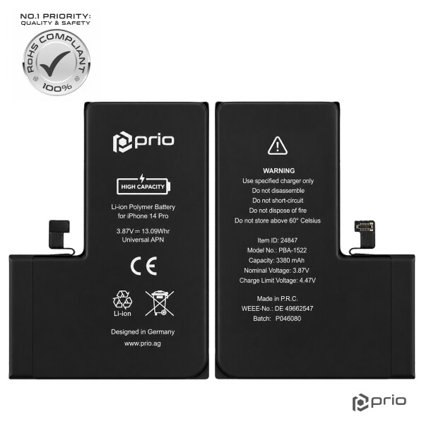 Bateria prior de alta capacidade para iPhone 14 Pro (3380 mAh) - APN universal -
