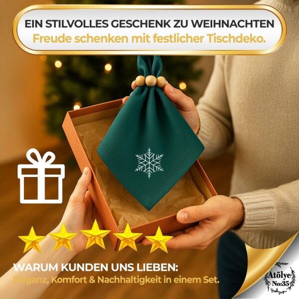 Christmas cloth napkins Set of 4, Zümrüt green, snowflake embroidery, 35x35 cm - Embroidery