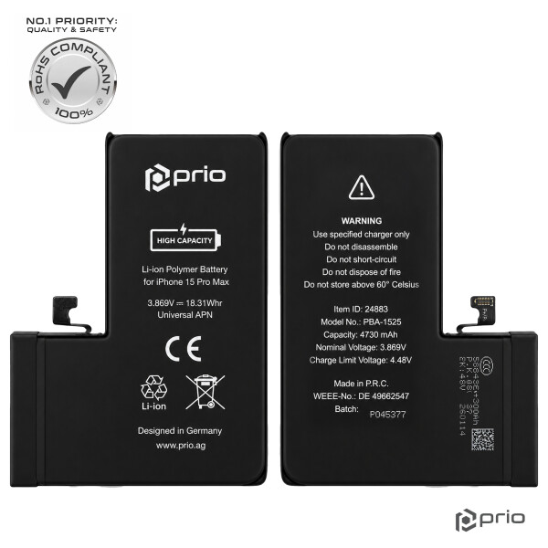 Batería de alta capacidad prio para iPhone 15 Pro Max (4730 mAh) - APN universal -