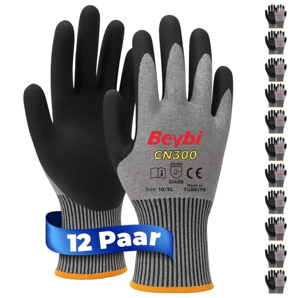 Beybi | 12 pairs of work gloves, nitrile 1/2 coated, robust