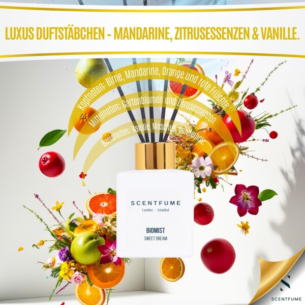 Room fragrance with scented sticks, diffuser, pear, mandarin, orange, 110 ml