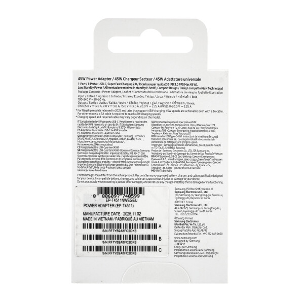 Napájecí adaptér Samsung 45W USB-C (bez kabelu) bílý EP-T4511NWE