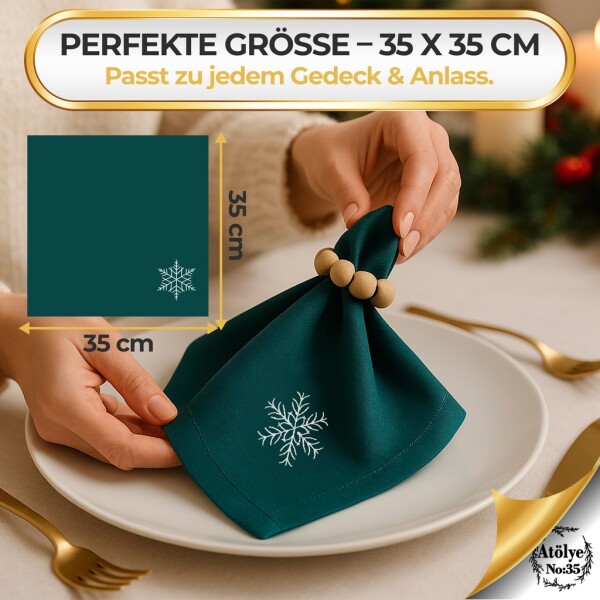 Christmas cloth napkins Set of 4, Zümrüt green, snowflake embroidery, 35x35 cm - Embroidery