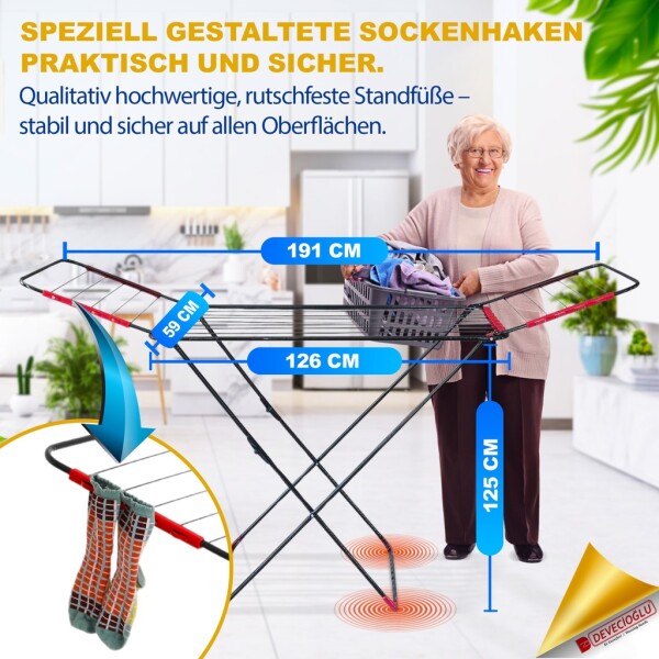 Devecioğlu Clothes Airer 20m Capacity, Extendable, Space Saving, Black