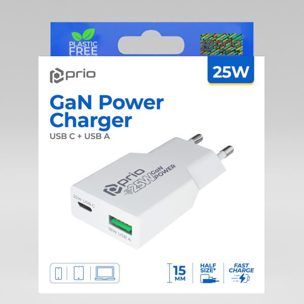 prio 25W GaN Güç Şarj Cihazı PD PPS (USB C)+QC 3.0 (USB A) beyaz